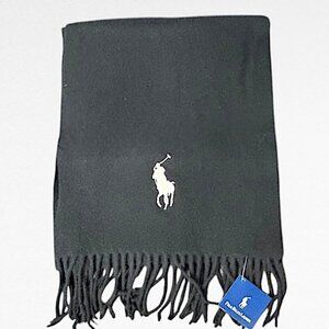 Polo Ralph Lauren 100% Lambswool Black Scarf w/White Pony Made in Italy WITH TAG